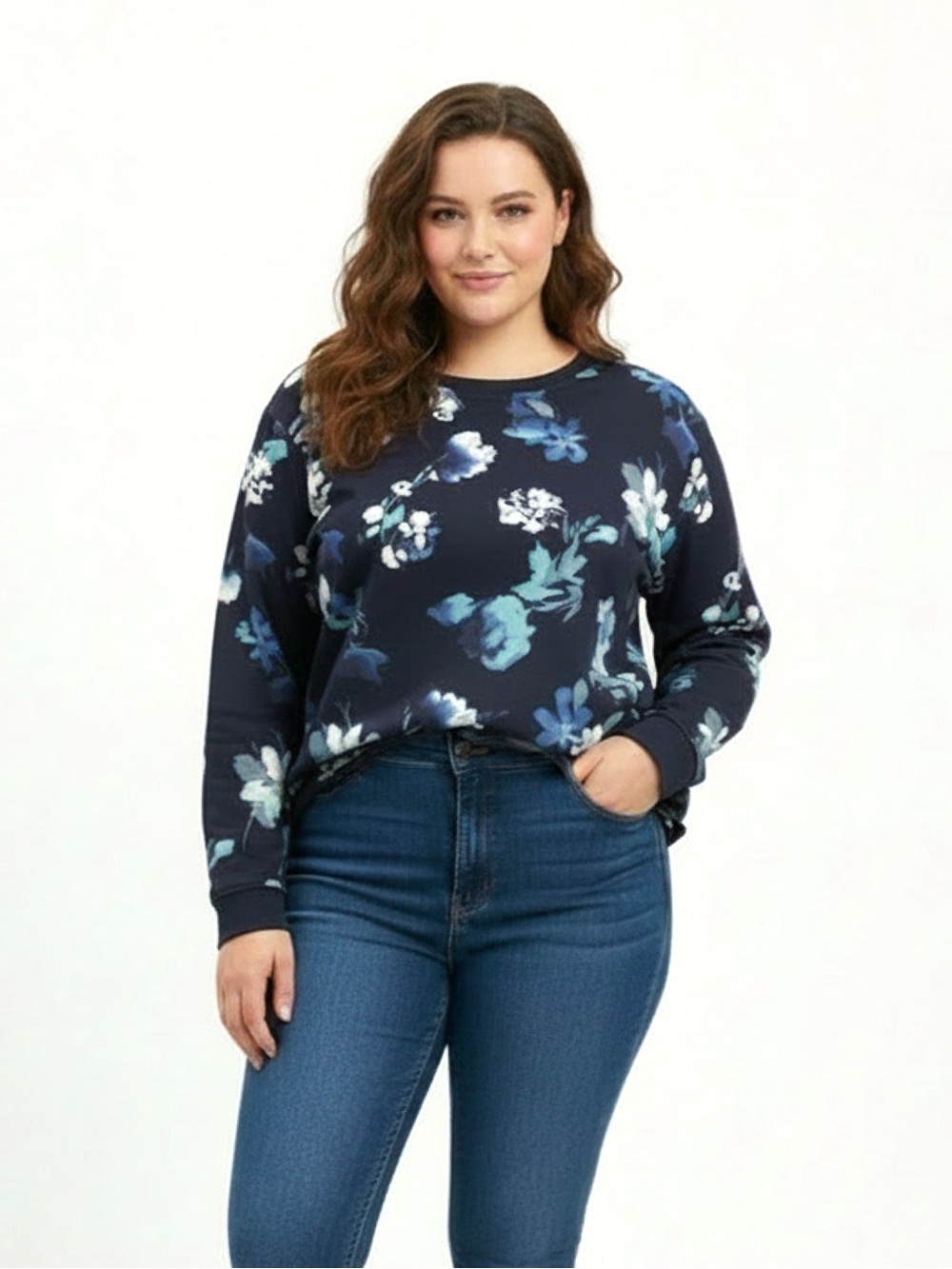 Style & Co. Navy Blue Floral Crewneck Sweatshirt